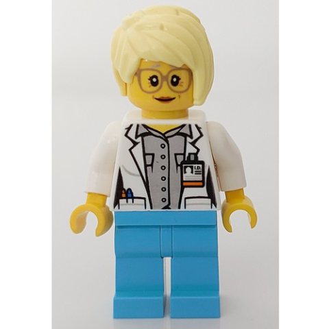 Minifigurka LEGO Doctor Mink, Woman, Open White Jacket over Light Bluish Gray Shirt with Pockets and ID Badge, Bright Light Yellow Hair, Glasses