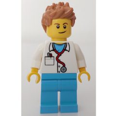 Minifigurka LEGO Doctor Mack, White Shirt over Medium Azure Scrubs with Stethoscope and Pocket, Medium Nougat Hair