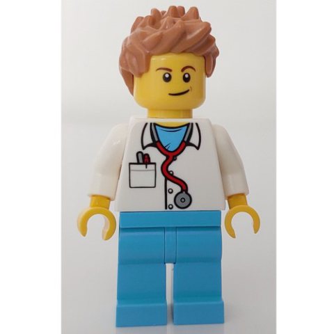 Minifigurka LEGO Doctor Mack, White Shirt over Medium Azure Scrubs with Stethoscope and Pocket, Medium Nougat Hair