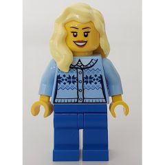 Minifigurka LEGO Woman, Bright Light Blue Cardigan, Blue Legs, Bright Light Yellow Hair