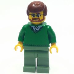 Minifigurka LEGO Man, Green V-Neck Sweater, Sand Green Legs, Reddish Brown Hair, Beard and Glasses