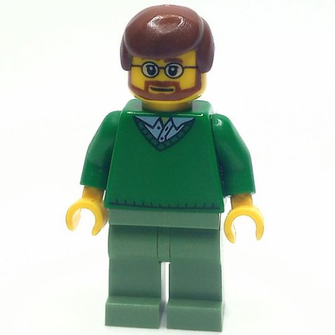 Minifigurka LEGO Man, Green V-Neck Sweater, Sand Green Legs, Reddish Brown Hair, Beard and Glasses