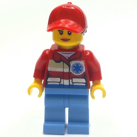 Minifigurka LEGO Paramedic, Woman, Red Jacket with Star of Life, Red Cap with Hair