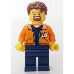 Minifigurka LEGO Man, Open Orange Jacket over Dark Blue Shirt, Reddish Brown Hair, Goatee Beard