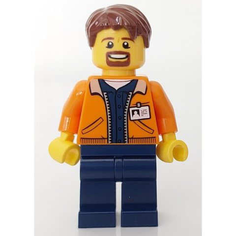 Minifigurka LEGO Man, Open Orange Jacket over Dark Blue Shirt, Reddish Brown Hair, Goatee Beard