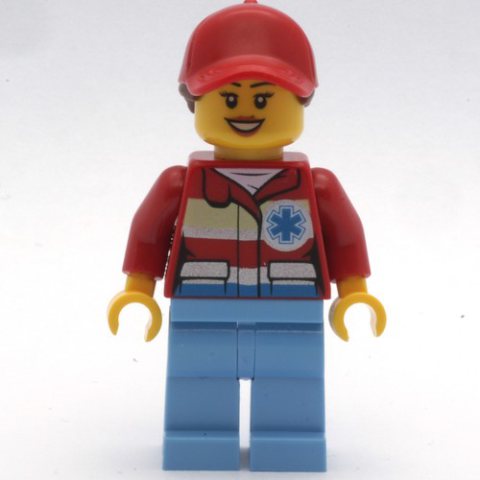 Minifigurka LEGO Paramedic, Woman, Red Jacket with Star of Life, Red Cap with Hair, Open Mouth