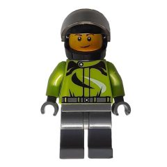 Minifigurka LEGO Racer, Lime Jacket, Dark Bluish Gray Legs, Black Helmet with Visor