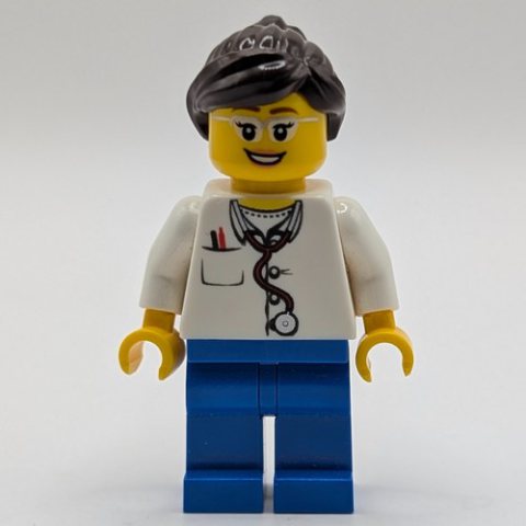 Minifigurka LEGO Doctor, Woman, White Shirt with Pocket and Stethoscope, Blue Legs, Dark Brown Hair, Glasses