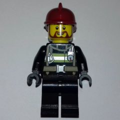 Minifigurka LEGO Fireman, Black Fire Suit with Gauge and Straps, Black Legs, Dark Red Helmet, Beard