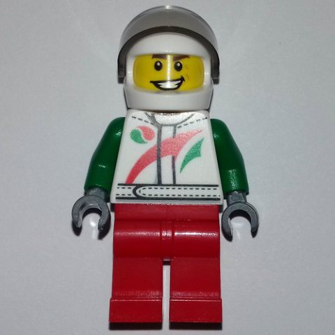 Minifigurka LEGO Racer, White and Green Jacket with Octan Logo, Red Legs, White Helmet with Trans-Brown  Visor