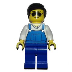 Minifigurka LEGO Man, Blue Overalls over White V-Neck Shirt, Dark Brown Hair, Sunglasses