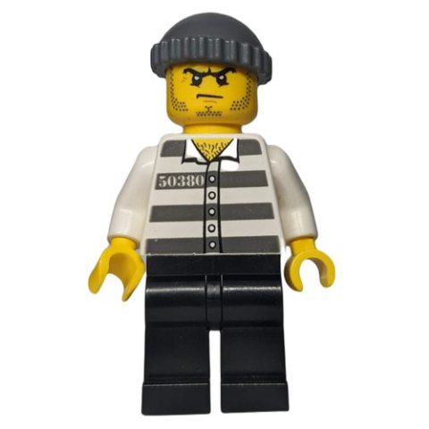 Minifigurka LEGO Criminal, Prison Shirt with #50380, Black Legs, Dark Bluish Gray Hat