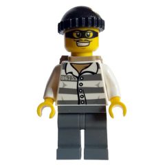 Minifigurka LEGO Criminal, Prison Shirt with #86753, Dark Bluish Gray Legs, Black Hat, Backpack, Black Eyemask