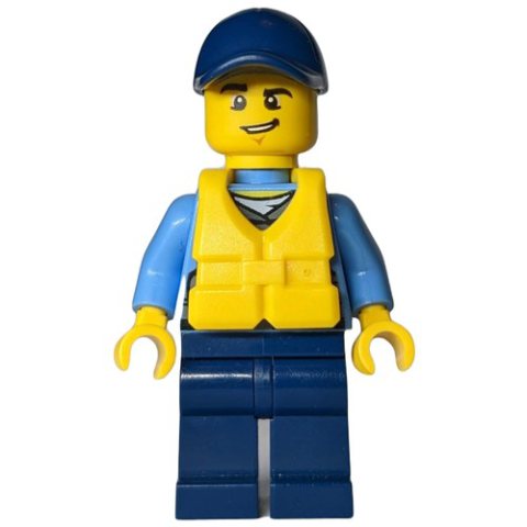 Minifigurka LEGO Policeman, Dark Bluish Gray Vest with Radio, Badge and Pouches over Medium Blue Shirt, Dark Blue Cap, Yellow Life Vest