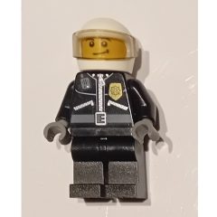 Minifigurka LEGO Policeman, Black Jacket with Zipper, Radio, and Badge, White Helmet and Visor, Brown Eyebrows