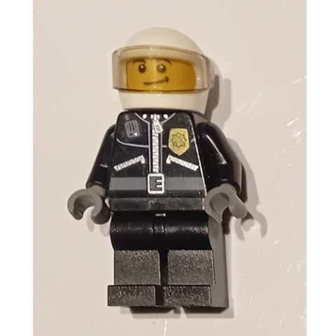 Minifigurka LEGO Policeman, Black Jacket with Zipper, Radio, and Badge, White Helmet and Visor, Brown Eyebrows
