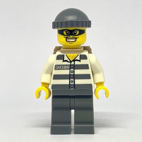 Minifigurka LEGO Criminal, Prison Shirt with #50380, Dark Bluish Gray Legs, Dark Bluish Gray Hat, Backpack, Black Eyemask