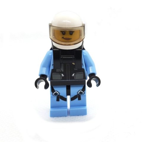 Minifigurka LEGO Policewoman, Black Vest with Badge and Pouches over Bright Light Blue Shirt, White Helmet with Trans-Brown Visor, Neck Bracket