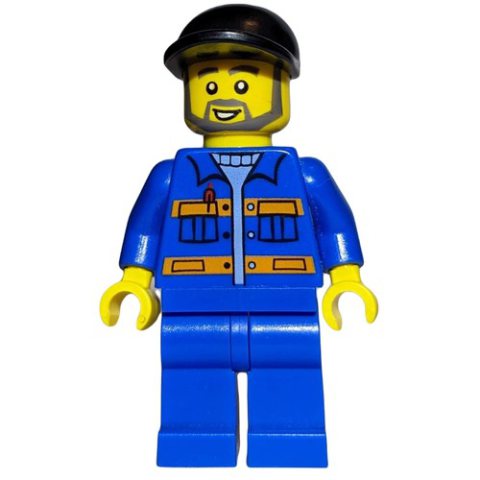 Minifigurka LEGO Construction Worker, Blue Jacket with Orange Stripes, Blue Legs, Black Cap, Beard