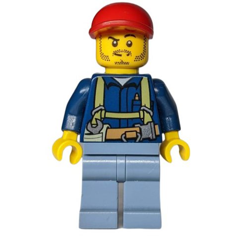 Minifigurka LEGO Miner, Dark Blue Shirt with Harness, Red Cap, Stubble