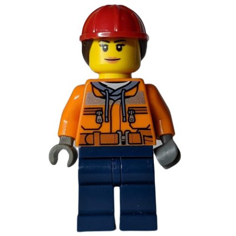 Minifigurka LEGO Construction Worker, Woman, Safety Jacket over Hoodie with Belt, Dark Blue Legs, Red Hard Hat with Hair