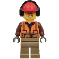 Minifigurka LEGO Construction Worker Rob, Orange Safety Vest with Zipper over Reddish Brown Shirt, Dark Tan Legs, Red Hard Hat with Ear Defenders, Orange Safety Glasses