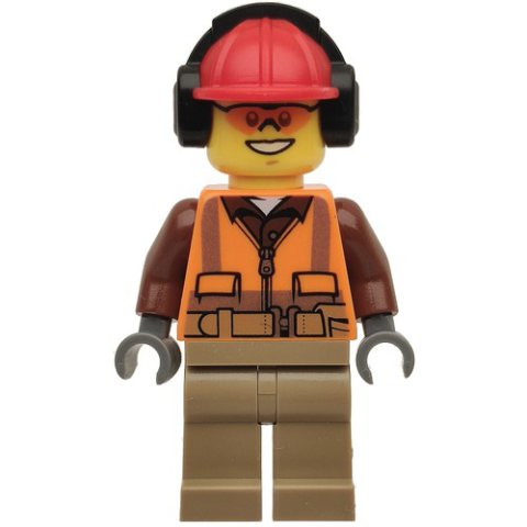 Minifigurka LEGO Construction Worker Rob, Orange Safety Vest with Zipper over Reddish Brown Shirt, Dark Tan Legs, Red Hard Hat with Ear Defenders, Orange Safety Glasses