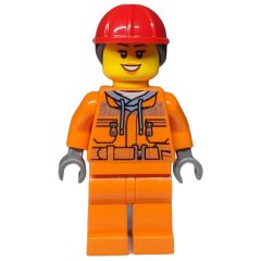 Minifigurka LEGO Construction Worker, Woman, Safety Jacket over Hoodie with Belt, Orange Legs, Red Hard Hat with Hair