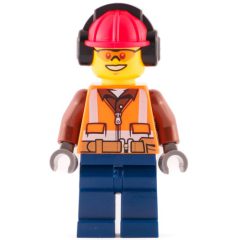 Minifigurka LEGO Construction Worker, Orange Safety Vest with Zipper over Reddish Brown Shirt, Dark Blue Legs, Red Hard Hat with Ear Defenders, Orange Safety Glasses
