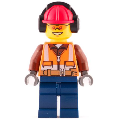 Minifigurka LEGO Construction Worker, Orange Safety Vest with Zipper over Reddish Brown Shirt, Dark Blue Legs, Red Hard Hat with Ear Defenders, Orange Safety Glasses