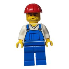 Minifigurka LEGO Man, Blue Overalls over White V-Neck Shirt, Red Hard Hat, Stubble and Scar (3626c Head)