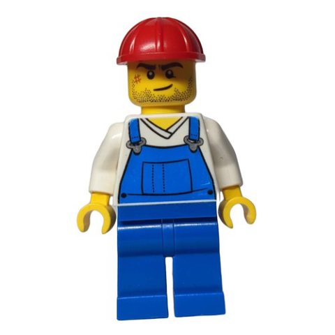 Minifigurka LEGO Man, Blue Overalls over White V-Neck Shirt, Red Hard Hat, Stubble and Scar (3626c Head)