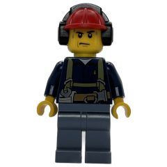 Minifigurka LEGO Construction Worker, Dark Blue Shirt with Harness, Red Hard Hat with Ear Defenders, Sweat Drops