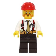 Minifigurka LEGO Construction Worker, White Shirt with Tie and Suspenders, Red Hard Hat, Mutton Chops and Moustache