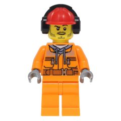 Minifigurka LEGO Construction Worker, Safety Jacket over Hoodie with Belt, Orange Legs, Red Hard Hat with Ear Defenders, Stubble