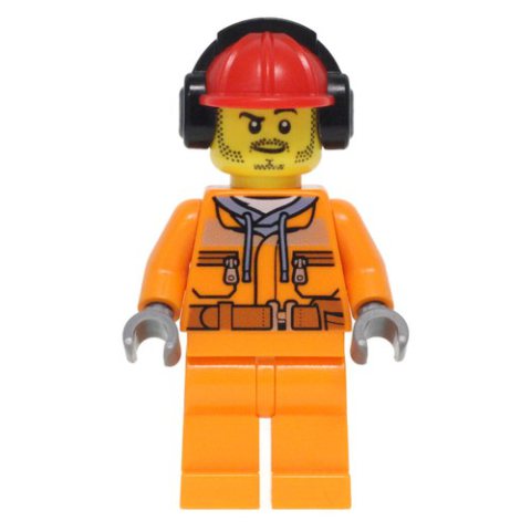 Minifigurka LEGO Construction Worker, Safety Jacket over Hoodie with Belt, Orange Legs, Red Hard Hat with Ear Defenders, Stubble