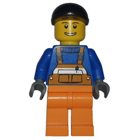 Minifigurka LEGO Construction Worker, Orange Overalls over Blue Sweater, Black Cap