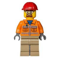 Minifigurka LEGO Construction Worker, Orange Jacket with Zipper and Reflective Stripes, Dark Tan Legs, Red Hard Hat, Goatee Beard and Safety Glasses