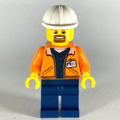 Minifigurka LEGO Miner, Open Orange Jacket with ID Badge, White Hard Hat, Goatee Beard
