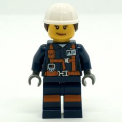 Minifigurka LEGO Miner, Woman, Dark Blue Jacket with Straps and ID Badge, White Hard Hat with Hair