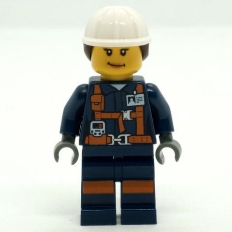 Minifigurka LEGO Miner, Woman, Dark Blue Jacket with Straps and ID Badge, White Hard Hat with Hair
