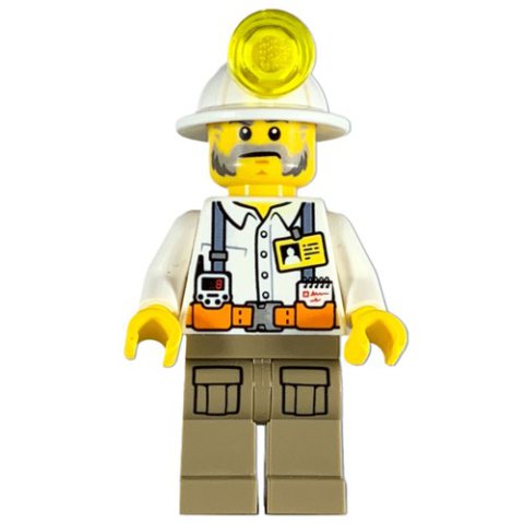 Minifigurka LEGO Miner, White Shirt with Straps and ID Badge, White Mining Hat, Mutton Chops and Moustache