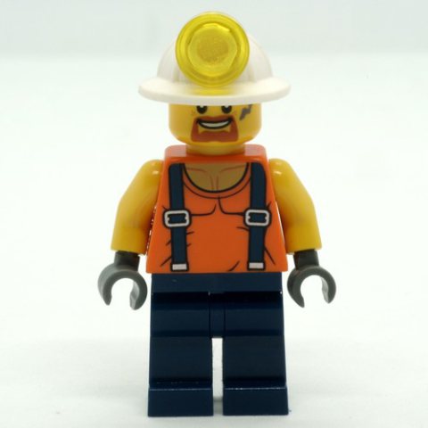 Minifigurka LEGO Miner, Orange Vest with Suspenders, Mining Hat, Goatee Beard and Dirty