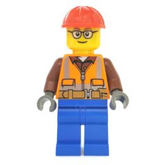 Minifigurka LEGO Construction Worker, Orange Safety Vest with Zipper over Reddish Brown Shirt, Blue Legs, Red Hard Hat, Glasses