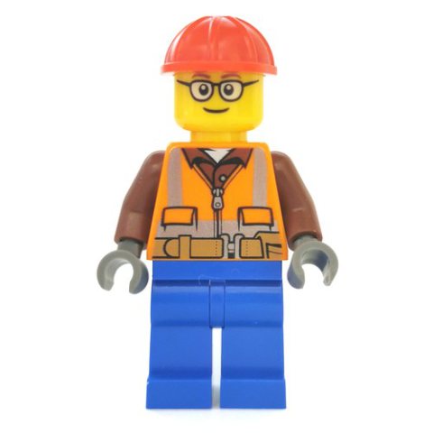 Minifigurka LEGO Construction Worker, Orange Safety Vest with Zipper over Reddish Brown Shirt, Blue Legs, Red Hard Hat, Glasses