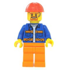 Minifigurka LEGO Construction Worker, Blue Jacket with Orange Stripes, Orange Legs, Red Hard Hat, Goatee Beard and Dirty
