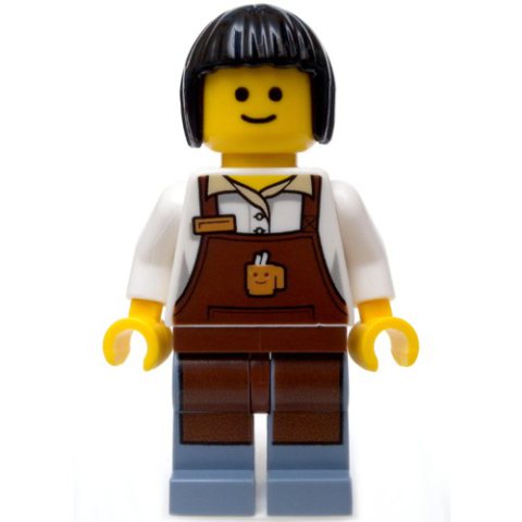 Minifigurka LEGO Barista, White Torso, Reddish Brown Apron, Sand Blue Legs, Dark Gray Side Shadows