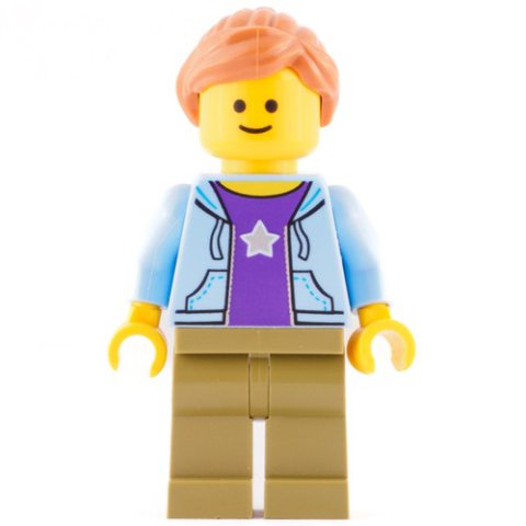 Minifigurka LEGO Bright Light Blue Torso, Jacket, Olive Green Legs, Dark Orange Hair