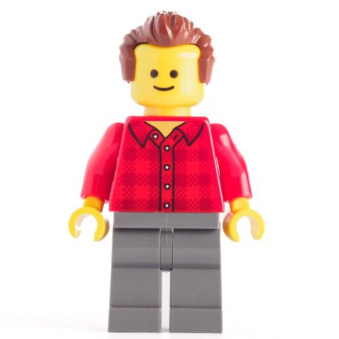 Minifigurka LEGO Red Torso Plaid, Dark Bluish Grey Legs, Reddish Brown Hair