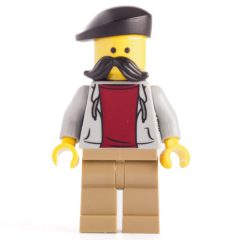 Minifigurka LEGO Light Bluish Grey Torso, Dark Tan Legs, Mustache, Barrett